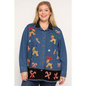 Dress Barn Womans Top Sz 14/16 Denim Reindeer Christmas Long Sleeve Vintage